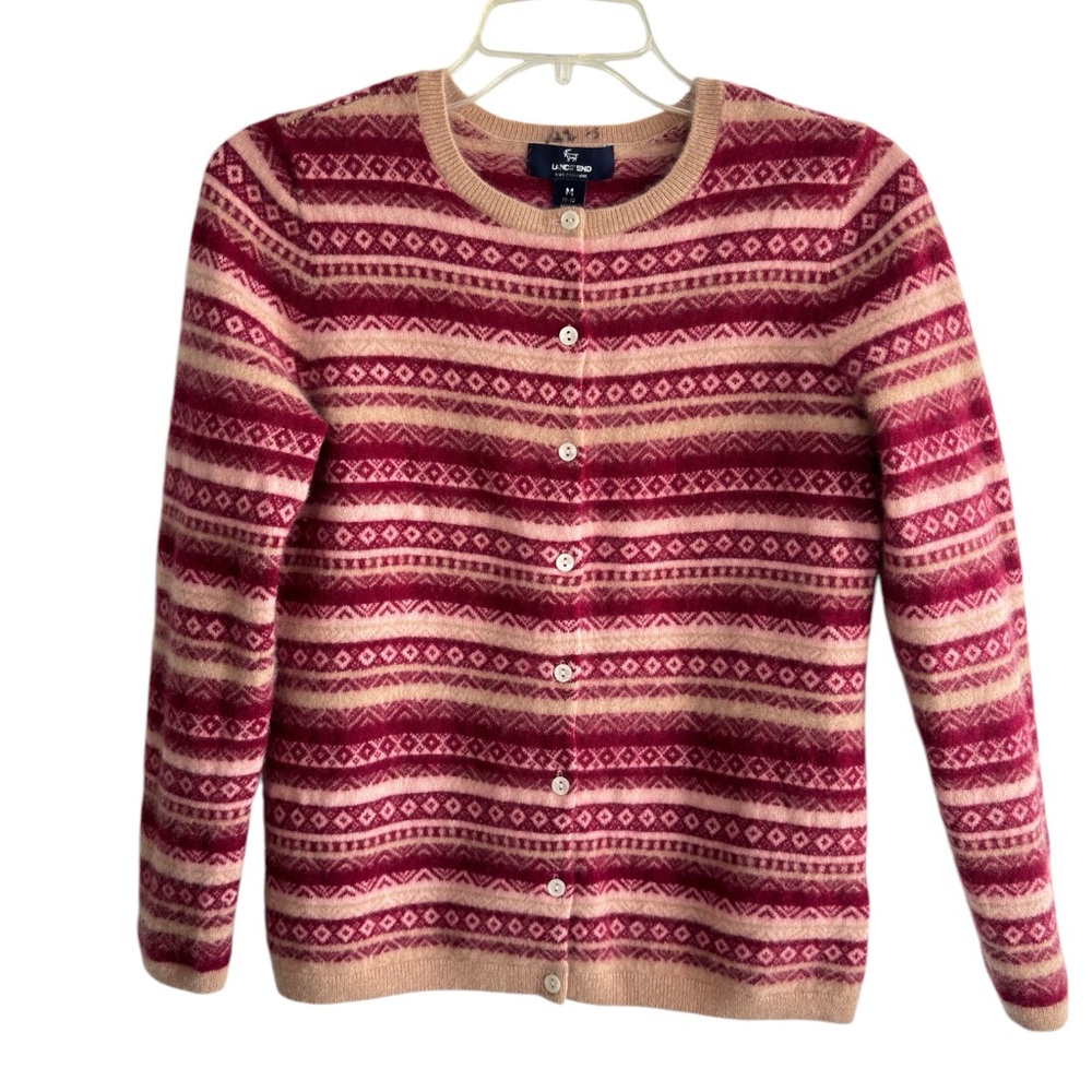 Lands End 100% Cashmere Cardigan Sweater Size Medium  Pink Tan Fair Isle Classic